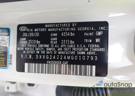 2021 Kia K5 Lx z USA, uszkodzony, nr VIN 5XXG24J24MG010793